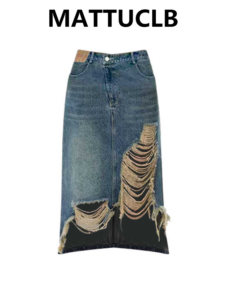 Street Fashion Denim - 여성 2000년대 미디 스커트 찢어진 데님