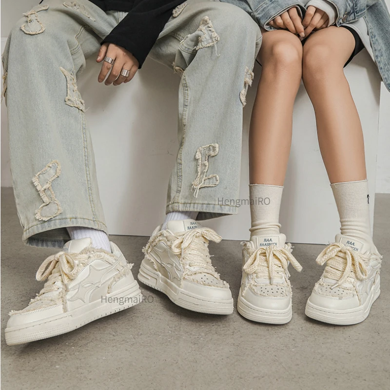 여성 스니커즈 남성 레트로 스타 Y2K 화이트 가죽 펑 - Street Fashion Couple 리뷰 및 가격