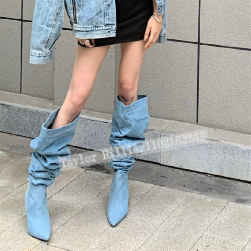 봄철 블루 데님 플리츠 슬라우치 슈즈 여성용 포인티드  - Street Fashion Denim 리뷰 및 가격
