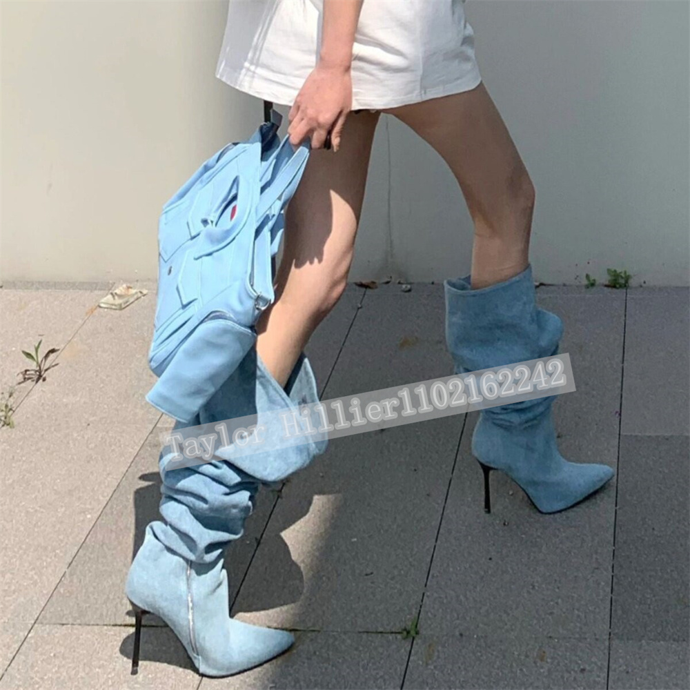 봄철 블루 데님 플리츠 슬라우치 슈즈 여성용 포인티드  - Street Fashion Denim 리뷰 및 가격