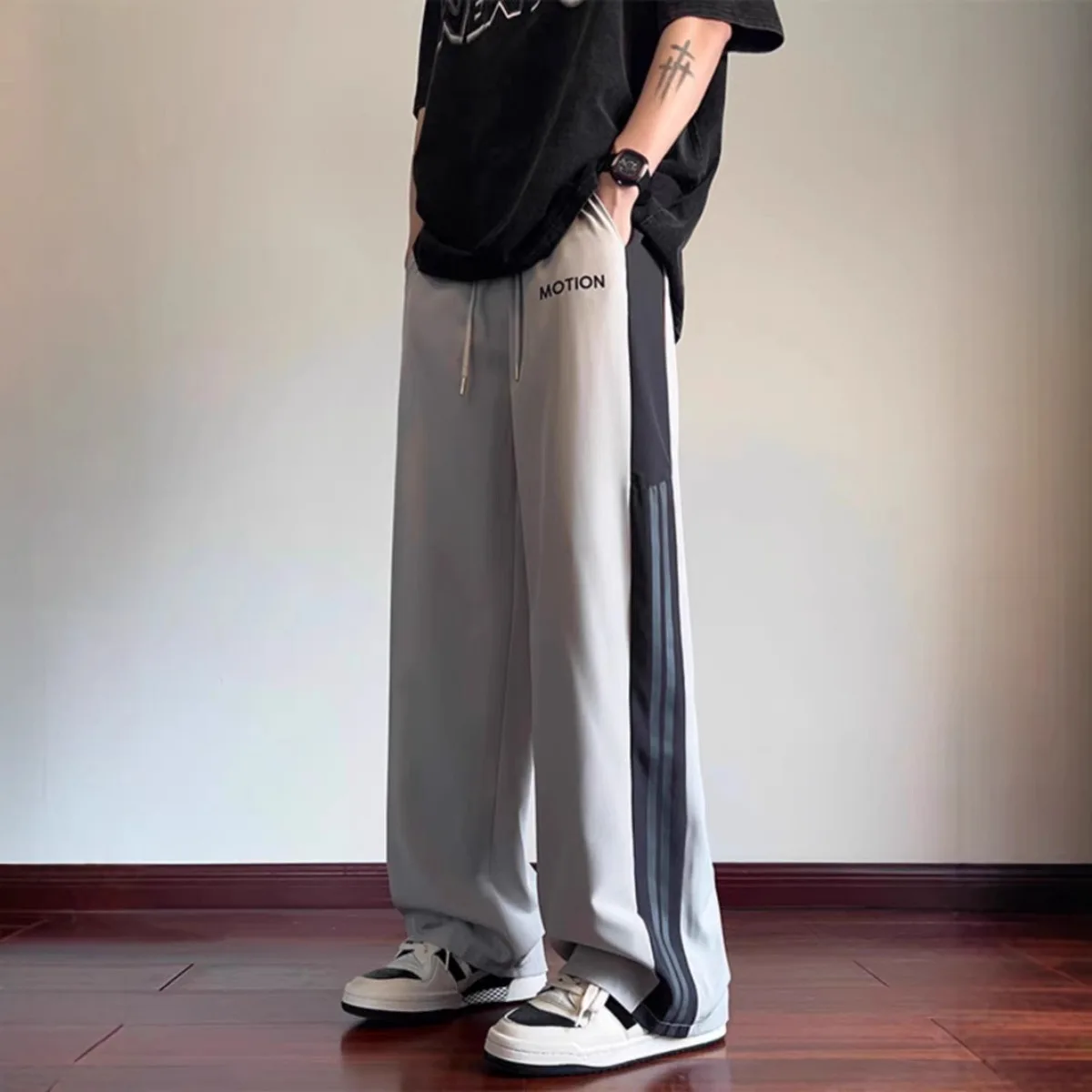 하이 스트리트 캐주얼 바지 남성 와이드 레그 스트레이트 - Street Fashion Couple 리뷰 및 가격
